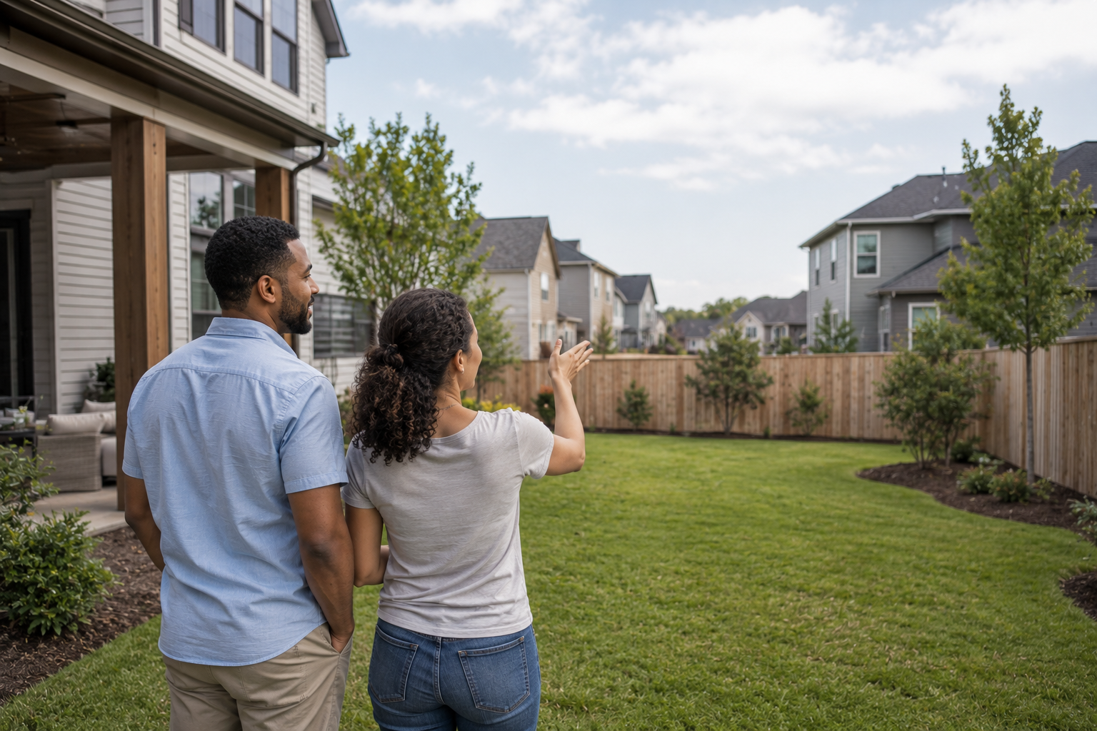 A young interracial couple stands in a spacious backyard of a newer home, quietly discussing how they might use the outdoor space while looking toward neighboring homes with different lot spacing.