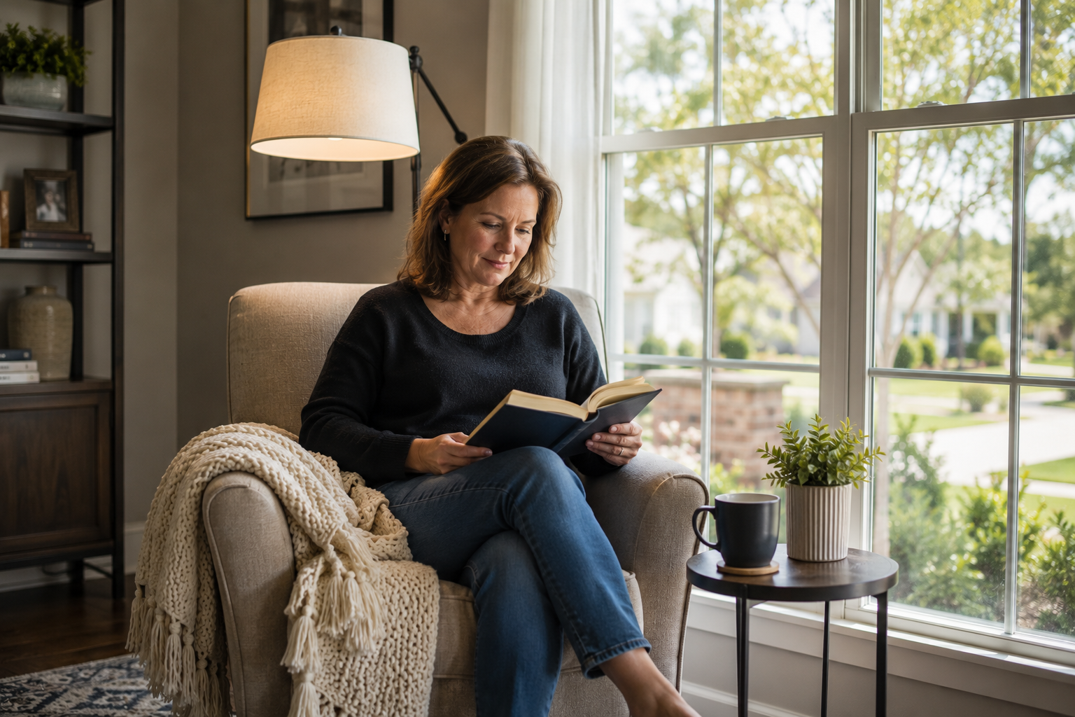 A middle-aged woman sits comfortably in a bright front room of a newer home, reading a book beside a large window with a floor lamp, soft chair, and coffee mug nearby, thoughtfully enjoying the quiet space she imagined as a personal reading room.