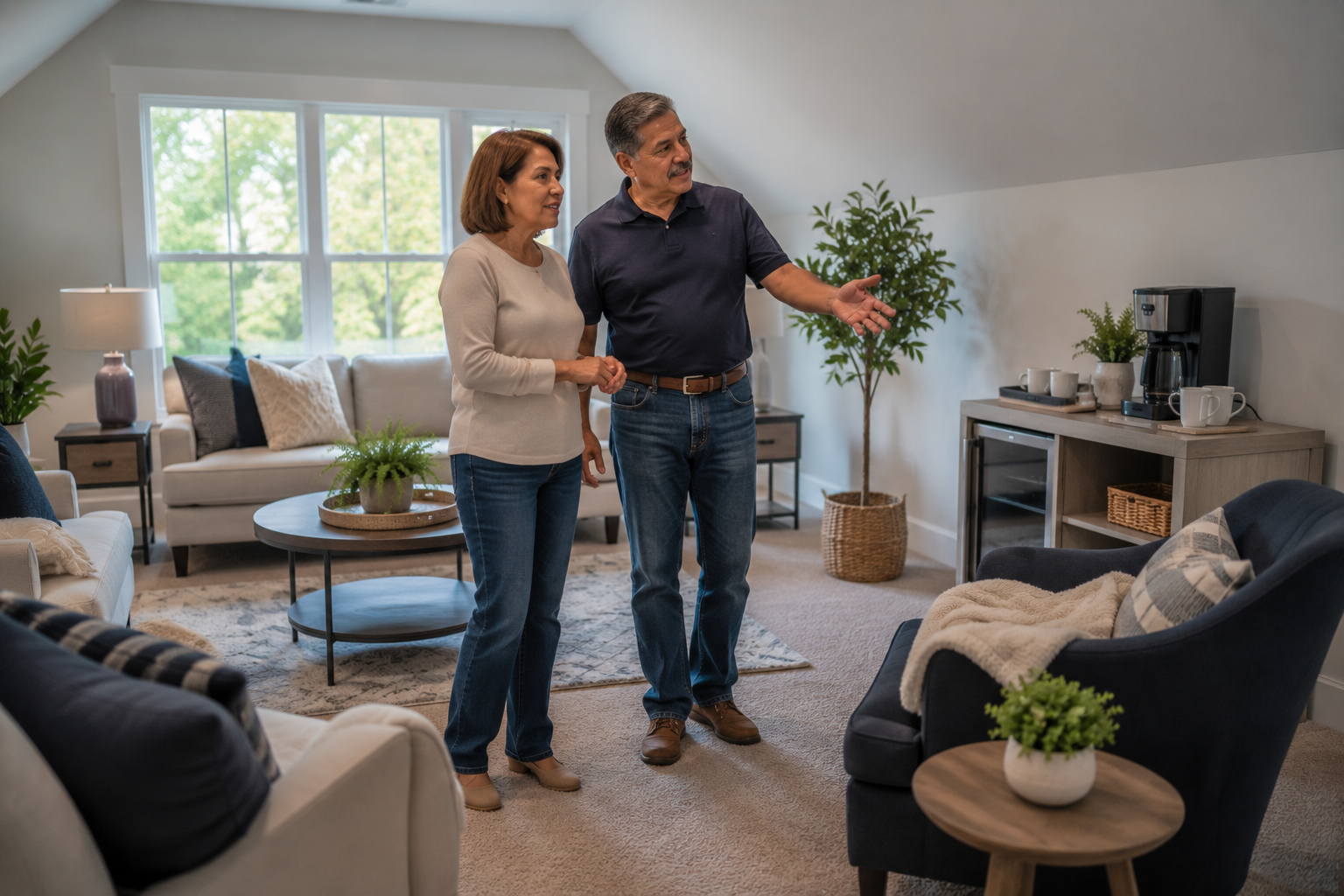 An older Hispanic couple stands together in a bright upstairs bonus room of a newer home, thoughtfully discussing where to place a small coffee station and comfortable seating while imagining how overnight guests would enjoy the space. Natural daylight, relaxed expressions, and a candid documentary-style composition create an authentic everyday moment.