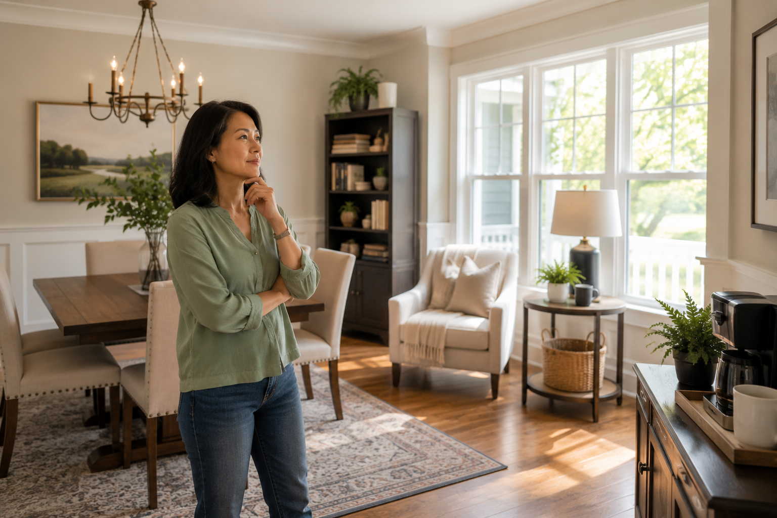 A middle-aged Asian woman stands quietly inside a bright formal dining room of a newer home, thoughtfully looking around as she imagines replacing the dining table with a comfortable reading chair, bookshelf, and coffee corner. Warm natural daylight and a candid documentary-style composition create an authentic moment of everyday planning.