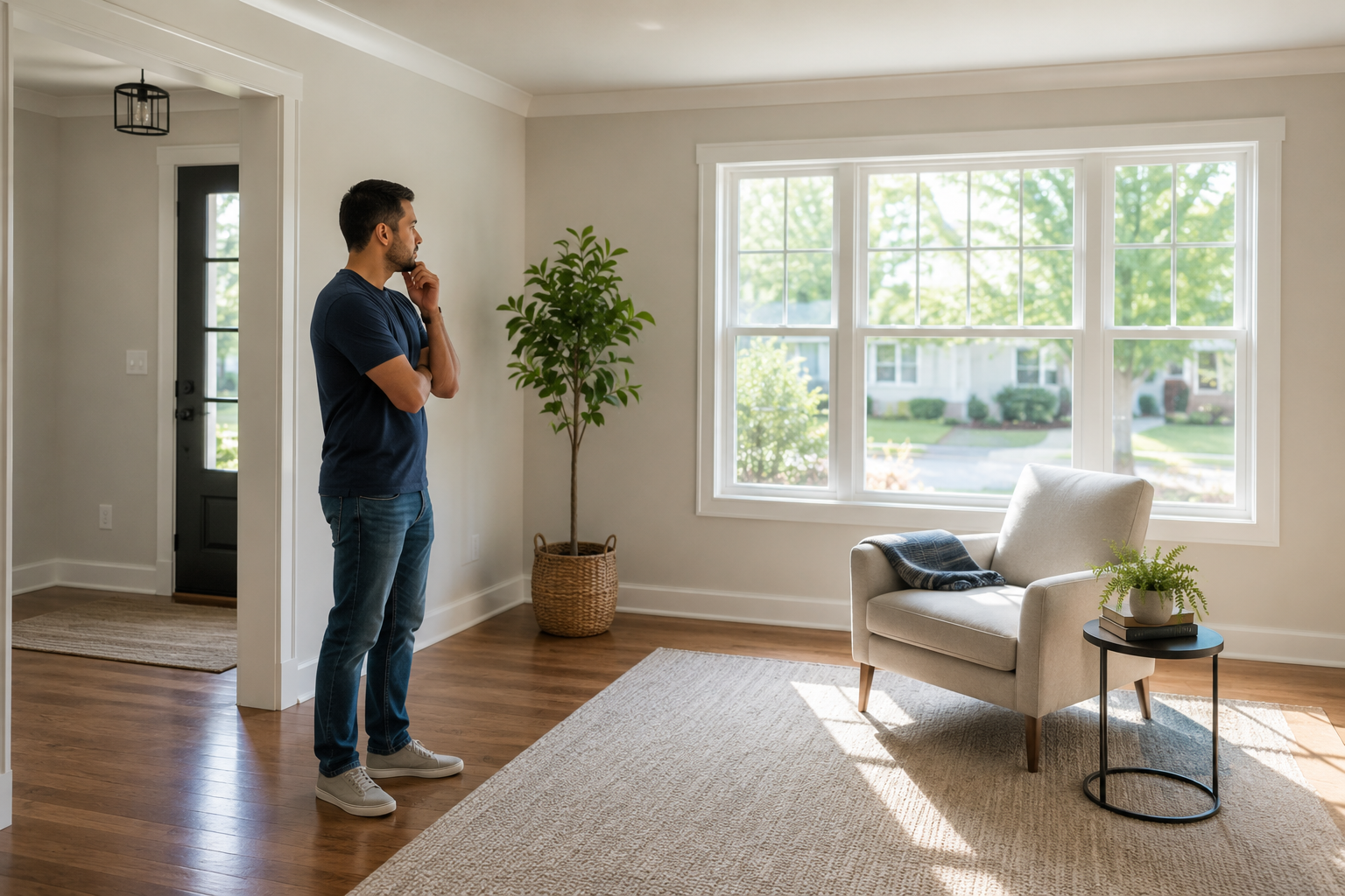 A young father stands quietly inside a bright flex room of a newer home, looking toward a sunny window while imagining where a reading chair and bookshelf could go. The unfurnished room features warm hardwood floors, soft natural light, and a candid documentary-style atmosphere that encourages everyday possibilities.