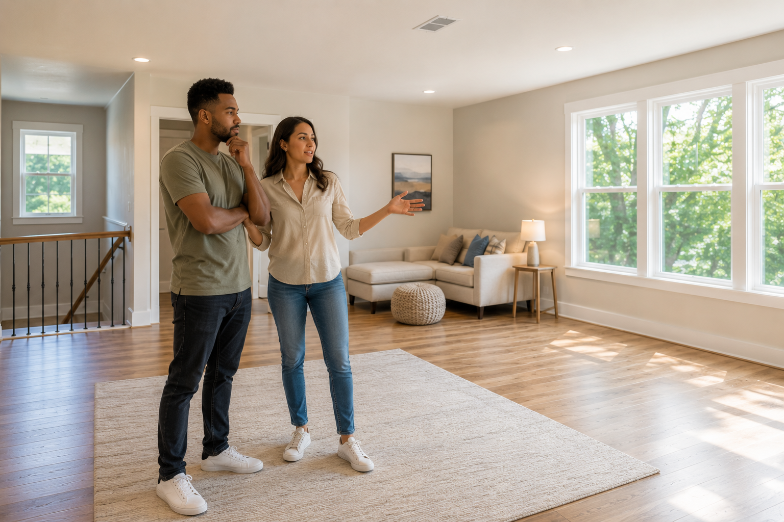A young interracial couple stands together inside a bright upstairs bonus room of a newer home, quietly discussing different ways the room could evolve over the years while looking toward large windows and open floor space. Natural daylight, warm wood flooring, and a candid documentary-style composition create an authentic everyday moment.