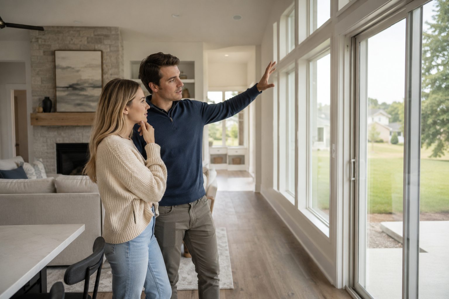 young White couple standing naturally inside a bright model home great room, thoughtfully comparing oversized windows, a sliding glass door, and the open living space while discussing which builder options would best support their everyday routines.