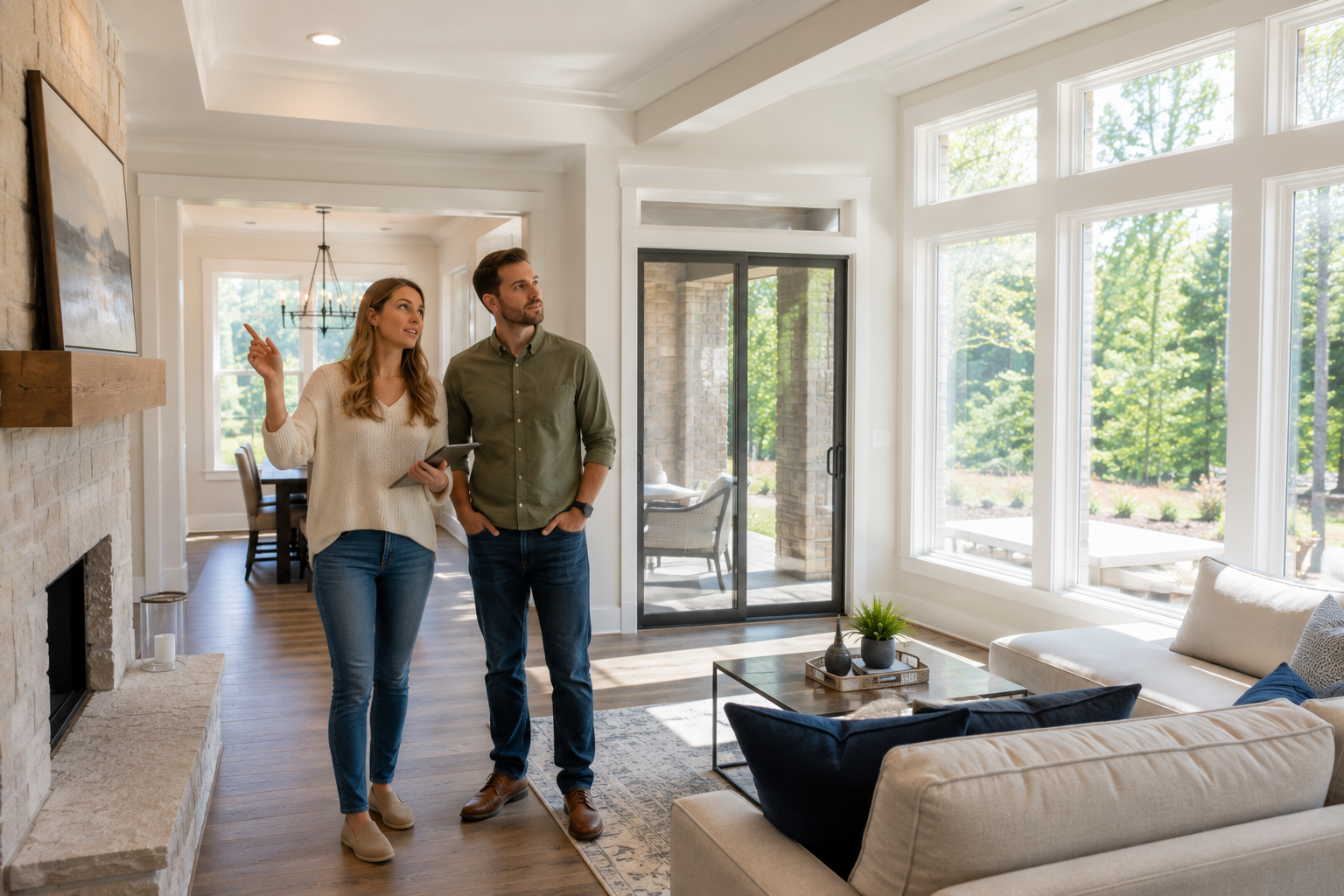 A young White couple stands together inside a bright model home great room, thoughtfully comparing oversized windows, a sliding glass door, and the surrounding living space while discussing which builder options would best support their everyday routines. Natural daylight, authentic expressions, and a candid documentary-style composition create a realistic home-buying moment.
