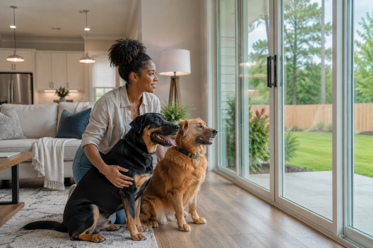 A young Black woman kneels beside her two dogs inside a bright family room of a newer home, smiling thoughtfully while looking toward the backyard through large glass doors and imagining their future daily routines together. Soft natural daylight, authentic expressions, and a candid documentary-style composition create a realistic home-buying moment. A young Black woman kneels beside her two dogs inside a bright family room of a newer home, smiling thoughtfully while looking toward the backyard through large glass doors and imagining their future daily routines together. Soft natural daylight, authentic expressions, and a candid documentary-style composition create a realistic home-buying moment.
