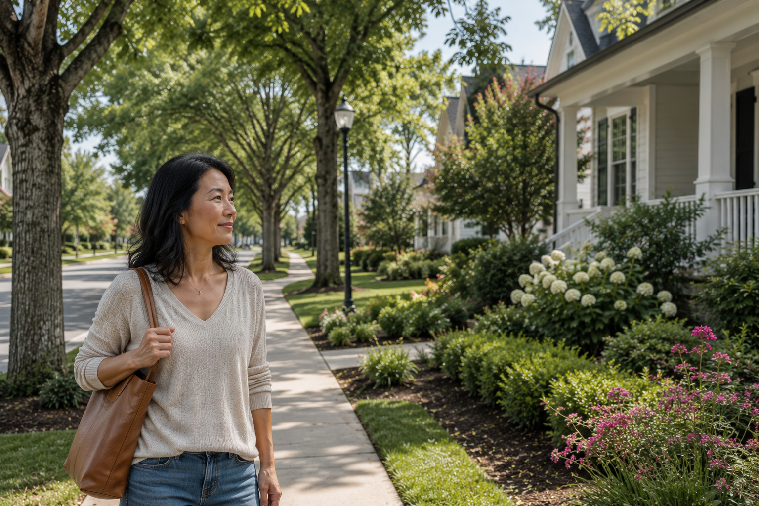 A middle-aged Asian woman pauses on a quiet neighborhood sidewalk while looking thoughtfully toward a newer home and the tree-lined street beyond, imagining her daily walks with her dogs. Soft natural daylight, realistic landscaping, and a candid documentary-style composition capture an authentic home-buying moment.