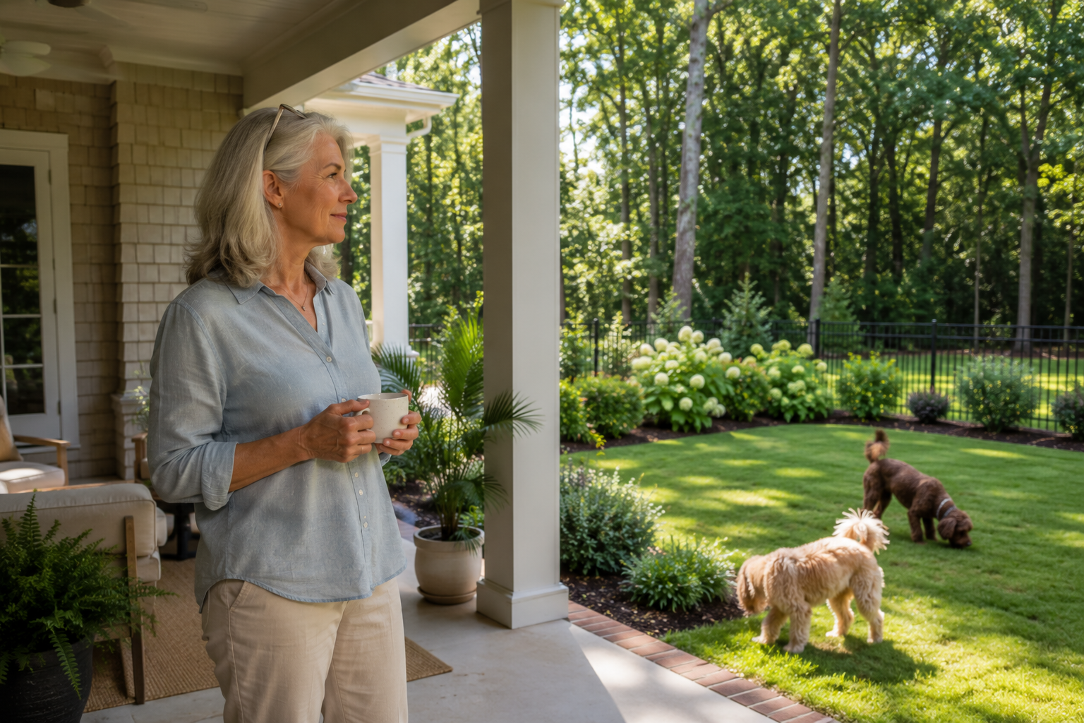 An older White woman stands comfortably on the covered back porch of a newer home while looking toward a landscaped backyard where her two dogs explore the grass. She holds a mug of coffee and quietly imagines how the outdoor space could become part of her everyday routine. Soft natural daylight, authentic expressions, and a candid documentary-style composition create a realistic lifestyle moment.