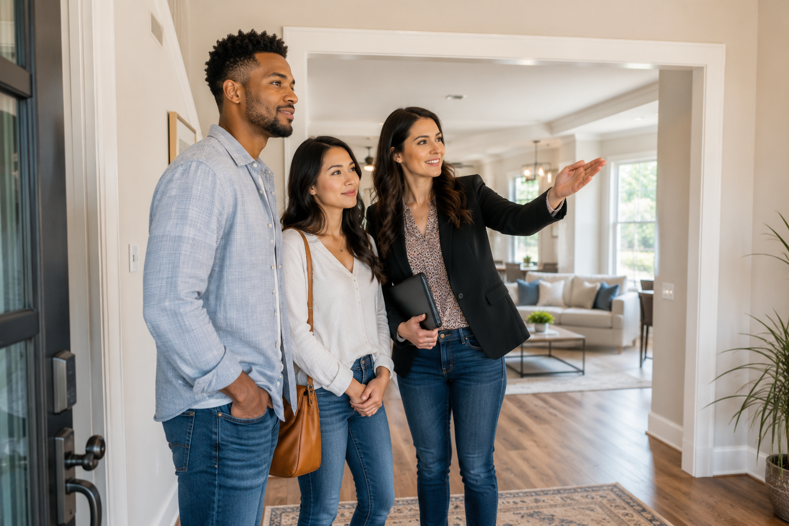 A young interracial couple stands with a real estate agent inside the bright entryway of a newer home while looking thoughtfully toward the connected living spaces. The agent gestures naturally toward the home's layout as the buyers imagine everyday life beyond what listing photos could show. Soft natural daylight, authentic expressions, and a candid documentary-style composition create a realistic home-buying moment.
