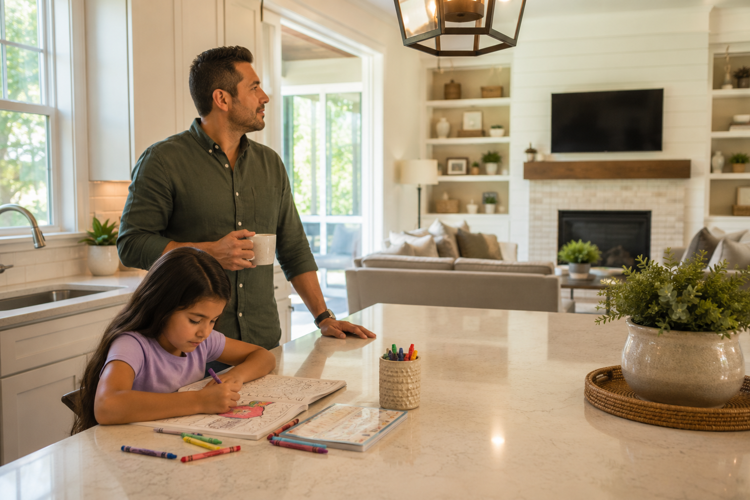 A young Hispanic father stands quietly in the kitchen of a newer home while his elementary-aged daughter sits at the island coloring. He looks thoughtfully toward the adjoining living room, imagining how an ordinary weekday morning would unfold in the space. Soft natural daylight, realistic finishes, authentic expressions, and a candid documentary-style composition create a believable home-buying moment.