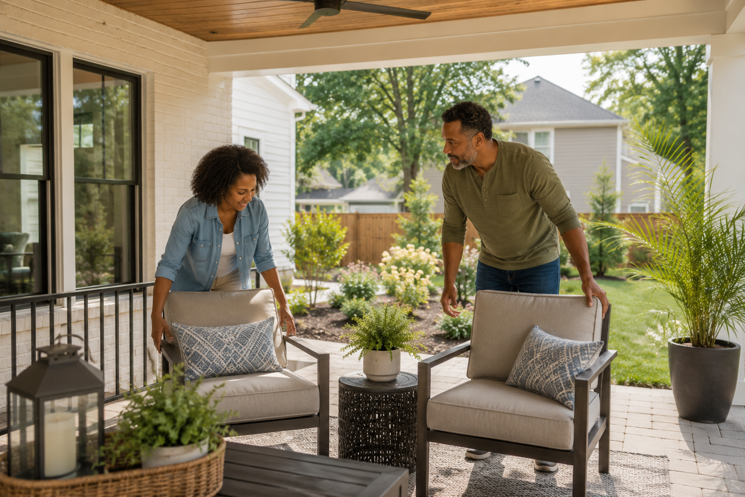 A middle-aged Black couple stands together in the covered back patio of a newer home while arranging two outdoor chairs and a small side table, thoughtfully imagining how the space will become part of their everyday routine. Natural daylight, realistic finishes, authentic expressions, and a candid documentary-style composition create an inviting lifestyle moment.