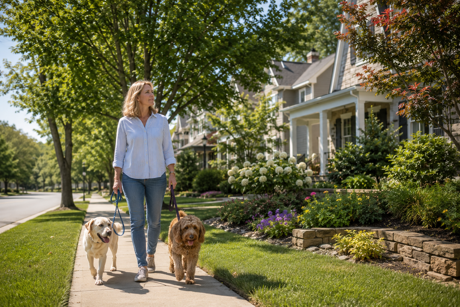 A middle-aged White woman walks her two dogs along a quiet neighborhood sidewalk while thoughtfully observing the surrounding homes, mature landscaping, and peaceful streets instead of community amenities. Soft natural daylight, authentic expressions, and a candid documentary-style composition capture an everyday home-buying moment.