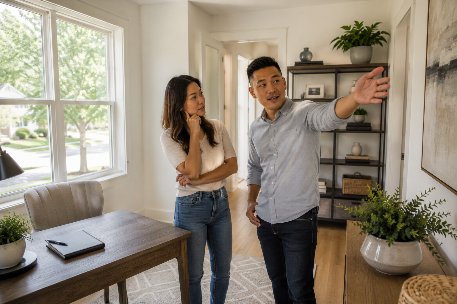 A young Asian couple stands inside a bright flex room of a newer home while thoughtfully discussing how the space could support their current lifestyle and future plans. Natural daylight fills the room through large windows as they study the layout with authentic expressions in a candid documentary-style composition. A young Asian couple stands inside a bright flex room of a newer home while thoughtfully discussing how the space could support their current lifestyle and future plans. Natural daylight fills the room through large windows as they study the layout with authentic expressions in a candid documentary-style composition.