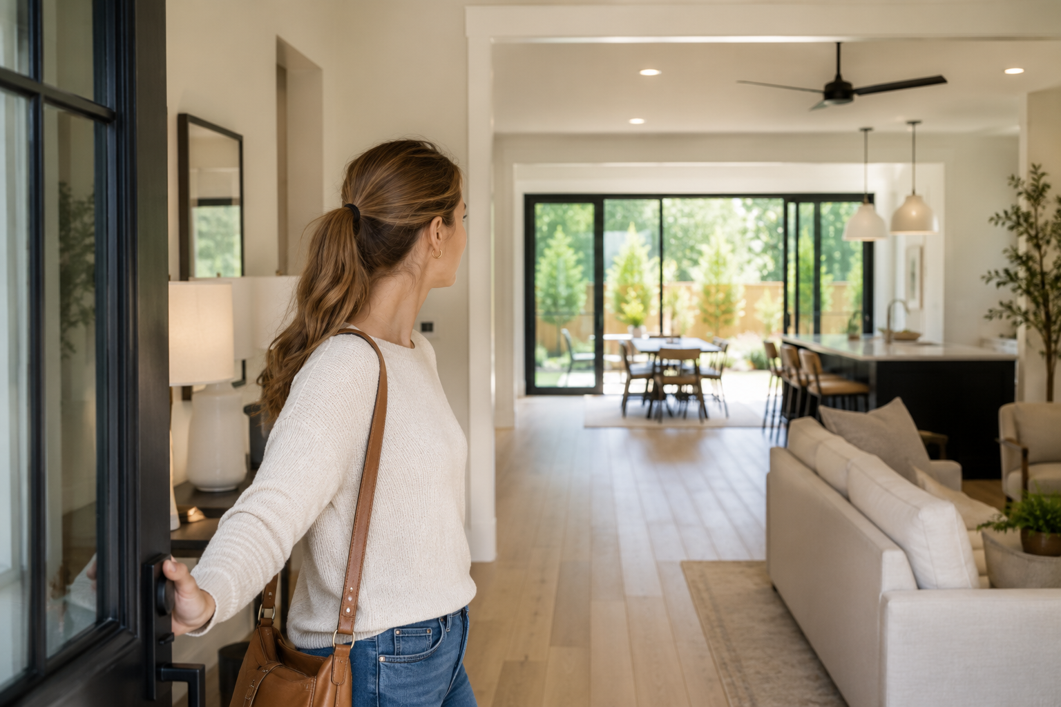 A young White woman stands just inside the front entry of a newer home while quietly looking through the open living area toward the backyard, thoughtfully comparing what she remembered from the online listing with what she now experiences in person. Bright natural daylight, realistic finishes, authentic expression, and a candid documentary-style composition create an honest home-buying moment. A young White woman stands just inside the front entry of a newer home while quietly looking through the open living area toward the backyard, thoughtfully comparing what she remembered from the online listing with what she now experiences in person. Bright natural daylight, realistic finishes, authentic expression, and a candid documentary-style composition create an honest home-buying moment.