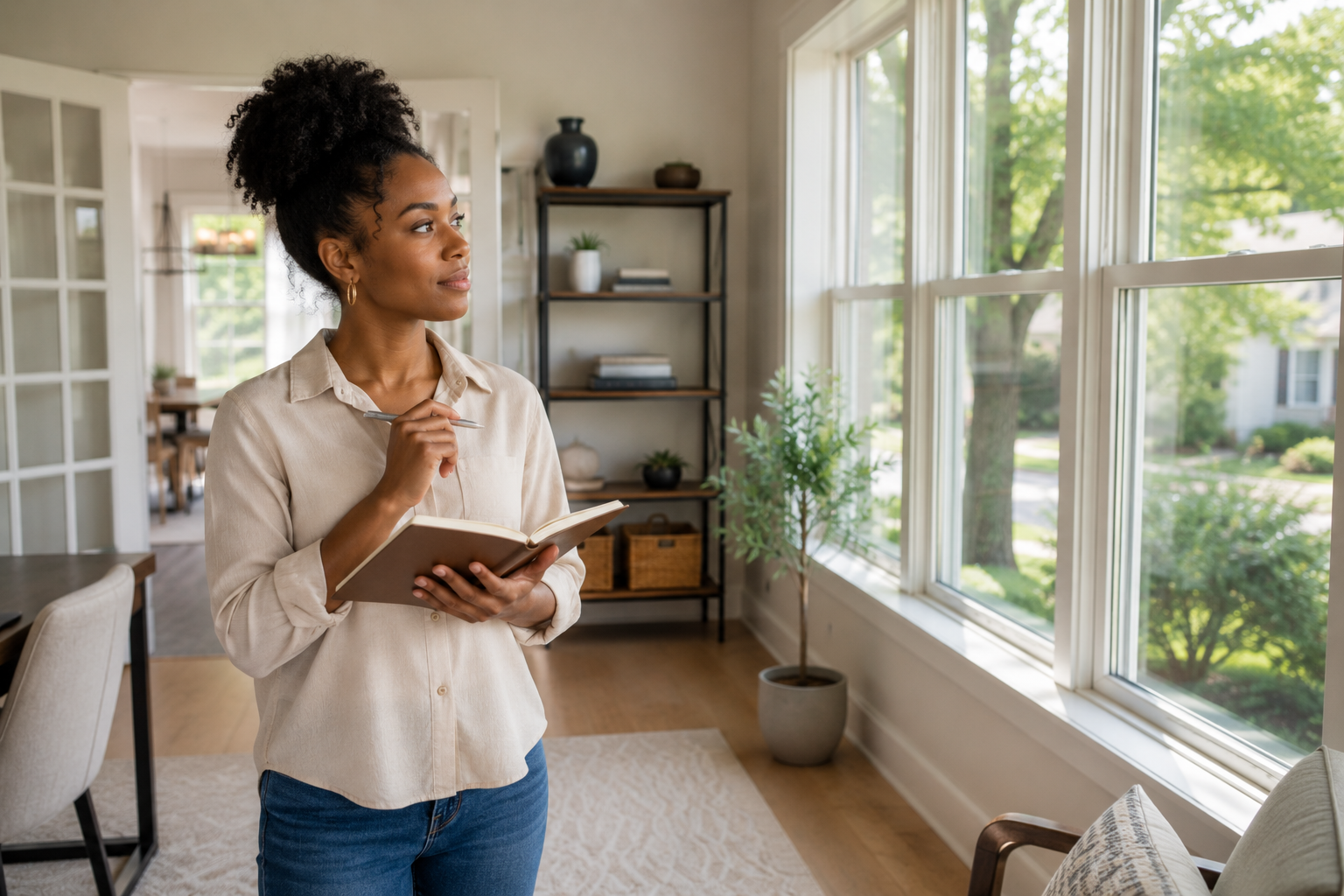 A young Black woman stands thoughtfully inside a bright flex room of a newer home while holding a notebook and looking toward large windows, imagining how the space could evolve over the next several years. Abundant natural daylight, realistic finishes, authentic expression, and a candid documentary-style composition emphasize the room's long-term flexibility.