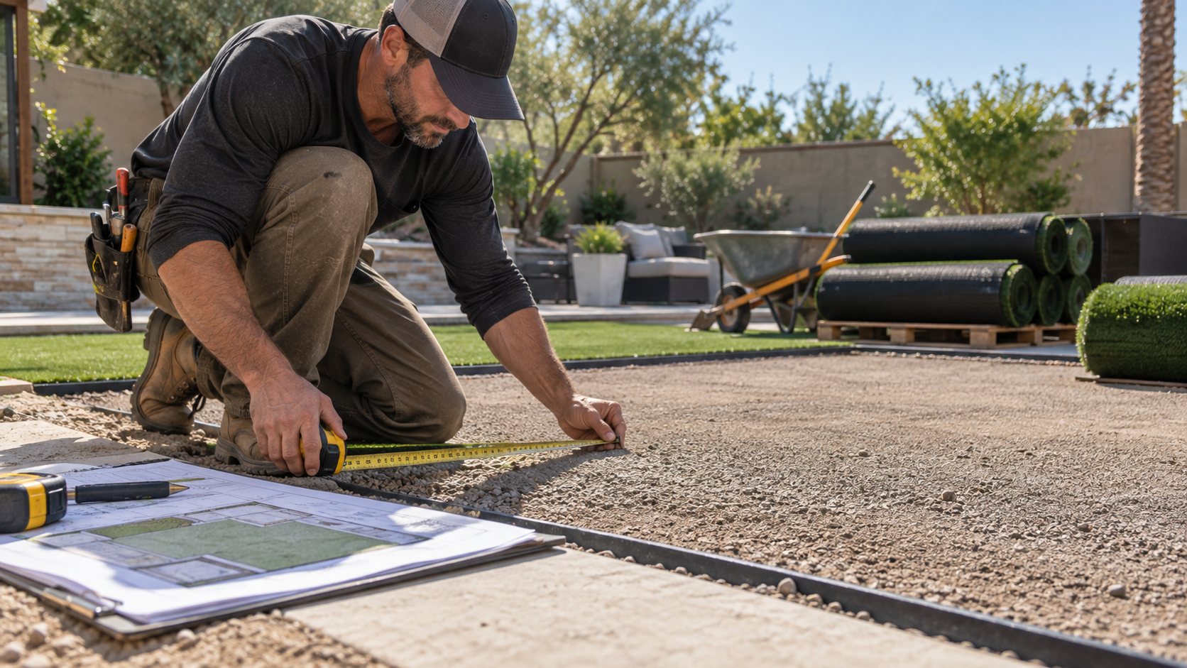 Artificial-turf installer measuring and planning a backyard project