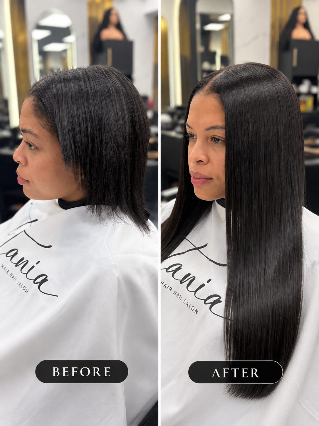 Before and after: client's short, uneven hair, then long, sleek straight extensions