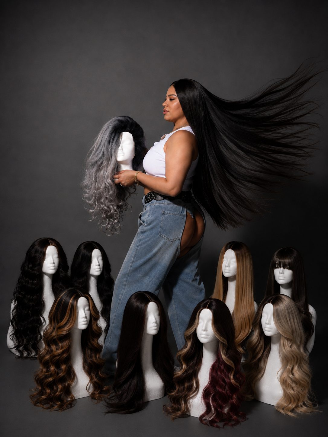 Tania with long flowing hair holding a silver wig, surrounded by mannequins wearing custom wigs