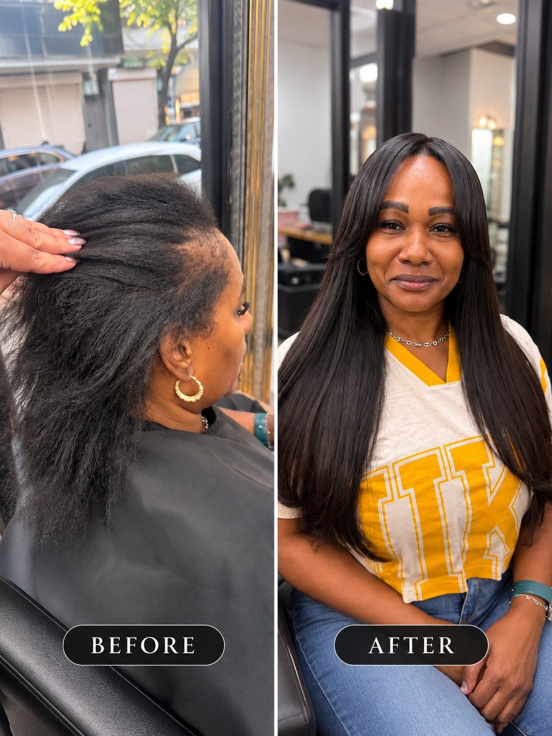Before and after: client's thinning natural hair, then long, sleek straight hair