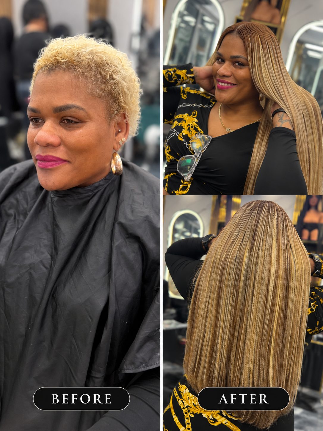 Before and after: client's short blonde curls, then long honey-blonde micro braids