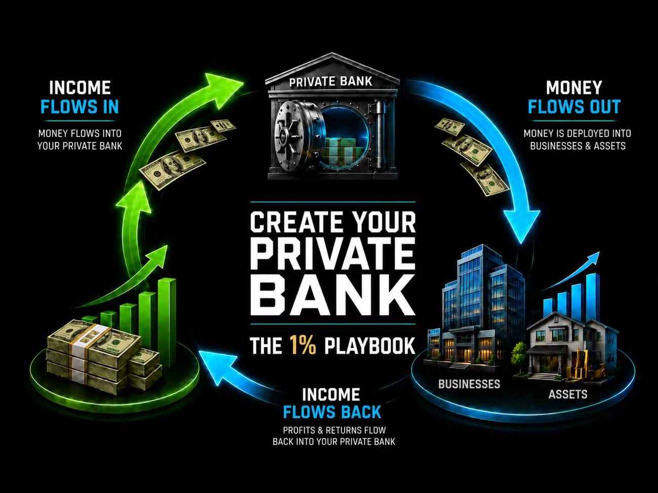 Create Your Private Bank â€” income flows in, money flows out into businesses and assets, income flows back