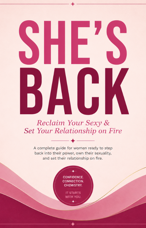“She's Back” ebook cover by PHI, editorial serif title on a soft raspberry and ivory background