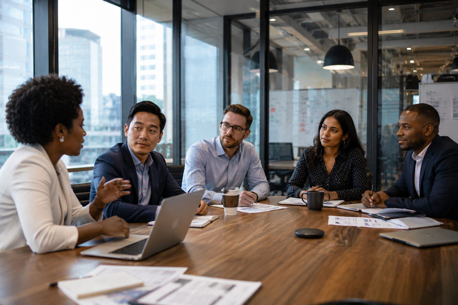 Business leaders reviewing financial documents