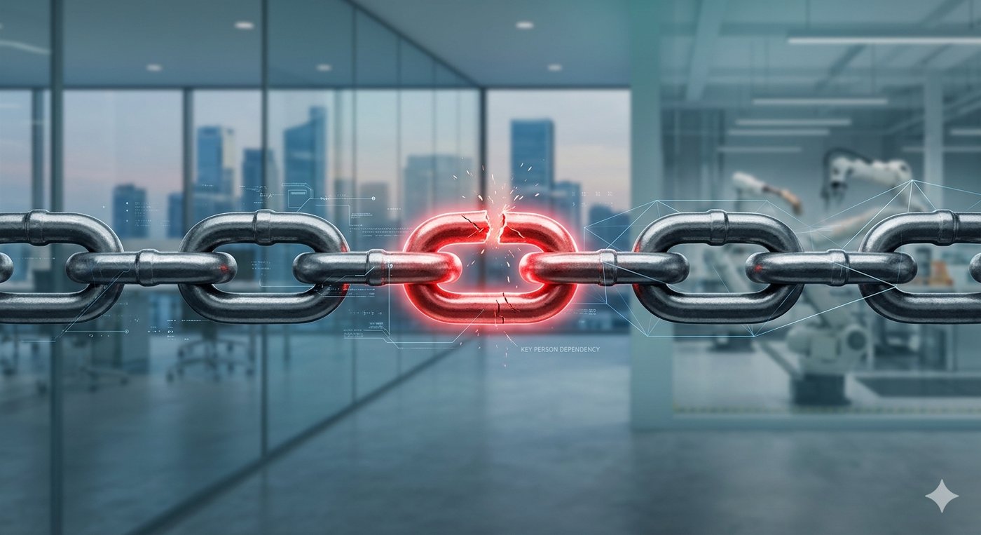 A conceptual graphic showing a strong metallic chain with a glowing red, cracked link, representing a Key Person Dependency and operational risk in a modern business. A conceptual graphic showing a strong metallic chain with a glowing red, cracked link, representing a Key Person Dependency and operational risk in a modern business.