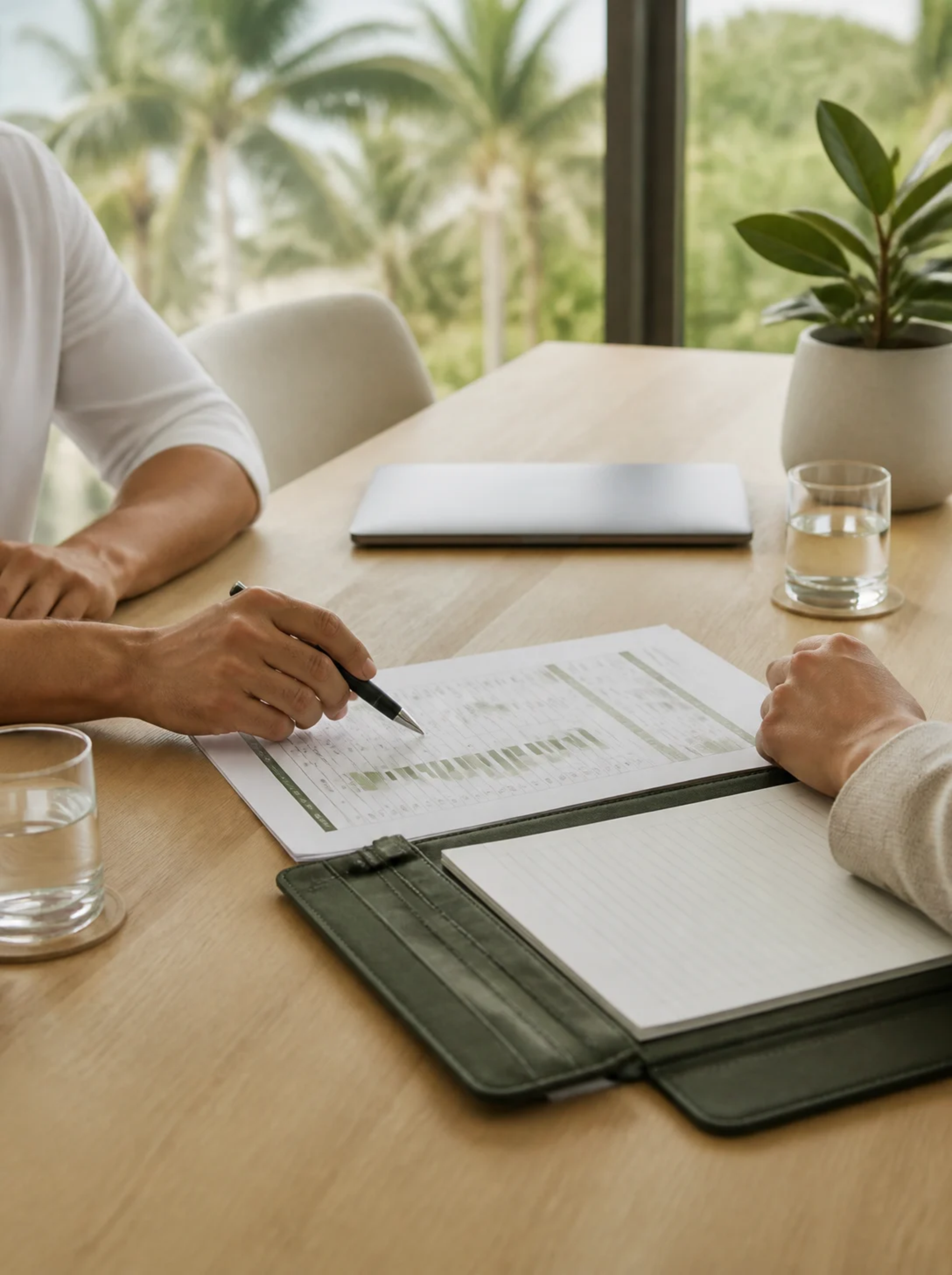 Client and bookkeeper reviewing printed financial reports at a meeting table