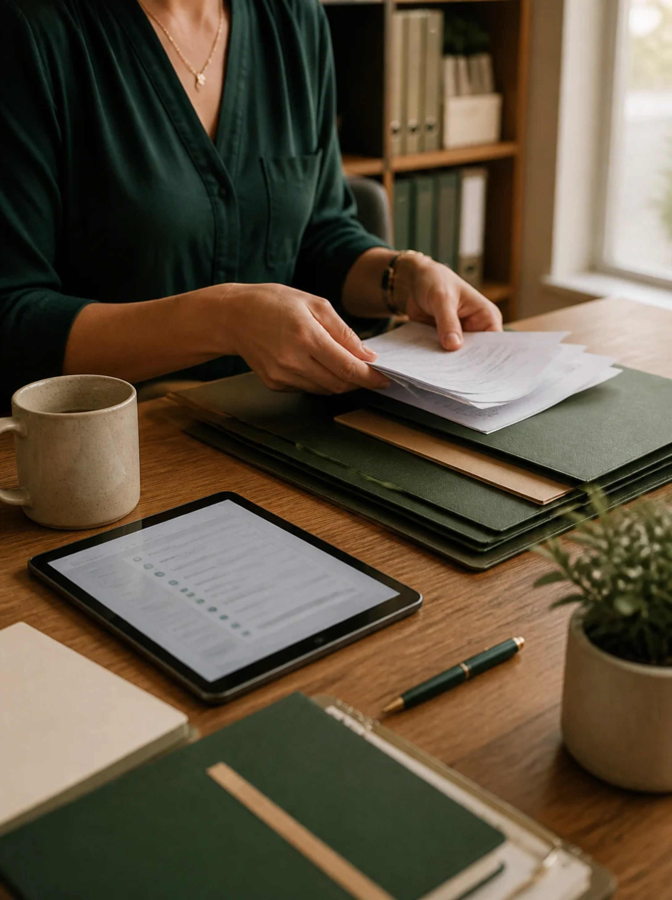 Bookkeeper organizing client statements into labeled folders