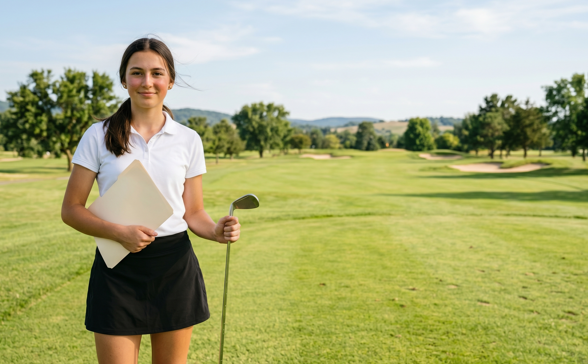 Young female golfer standing on the fairway ready for college