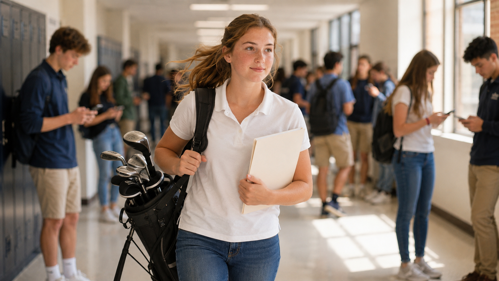 Junior golfer walking through a school hallway carrying a golf bag and tournament materials while preparing for an upcoming junior golf tournament. Junior golfer walking through a school hallway carrying a golf bag and tournament materials while preparing for an upcoming junior golf tournament.