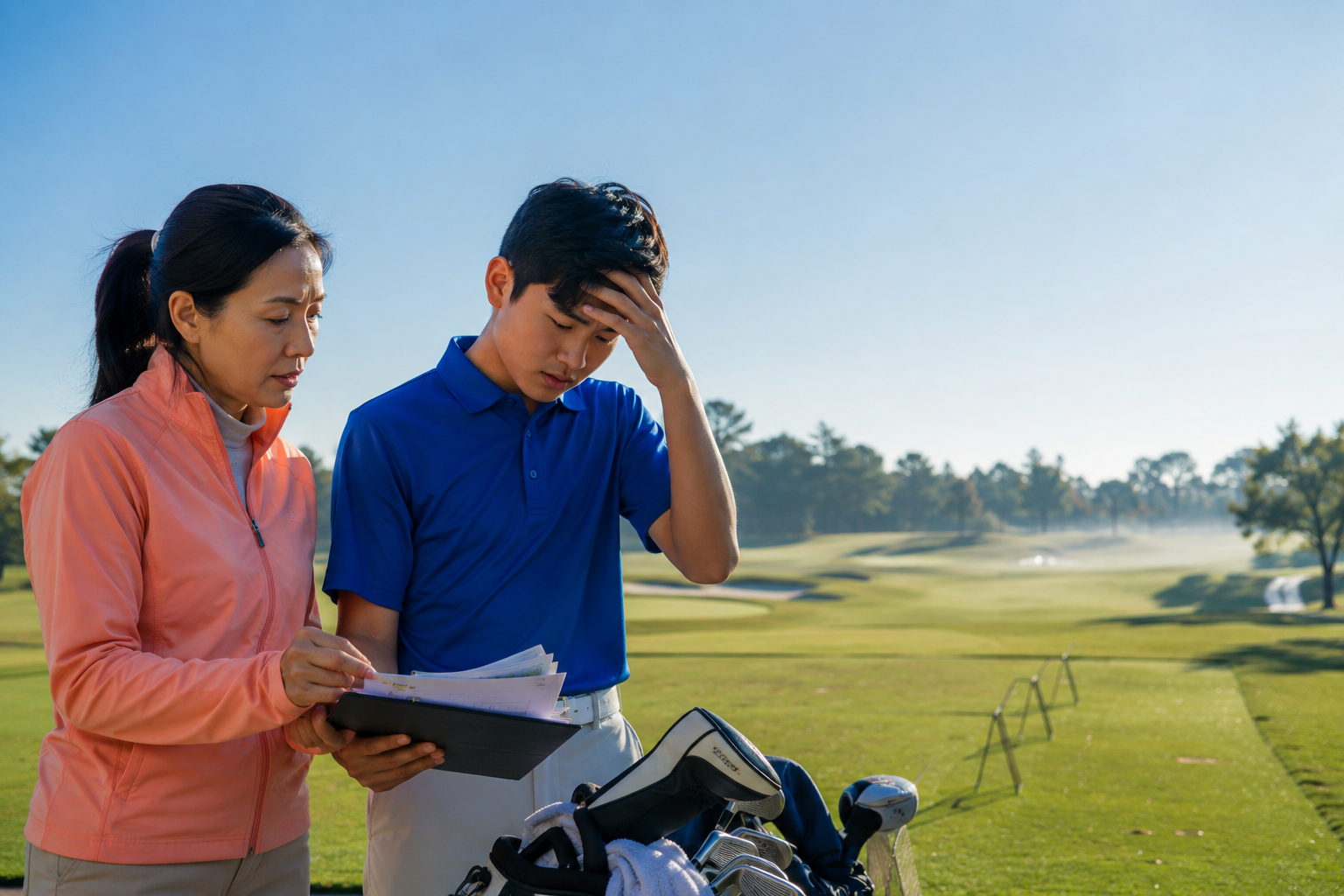 Young junior golfer and parent reviewing tournament notes and scorecards beside a golf bag on a sunny championship golf course before a junior golf competition. Young junior golfer and parent reviewing tournament notes and scorecards beside a golf bag on a sunny championship golf course before a junior golf competition.