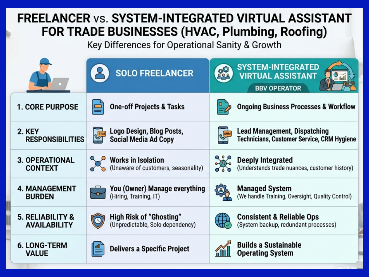 Comparison chart detailing the operational differences between a solo freelancer and a system-integrated virtual assistant for HVAC, plumbing, and roofing businesses. Comparison chart detailing the operational differences between a solo freelancer and a system-integrated virtual assistant for HVAC, plumbing, and roofing businesses.