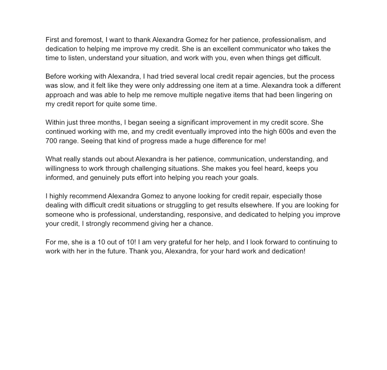Client testimonial — credit score improved into the 700s