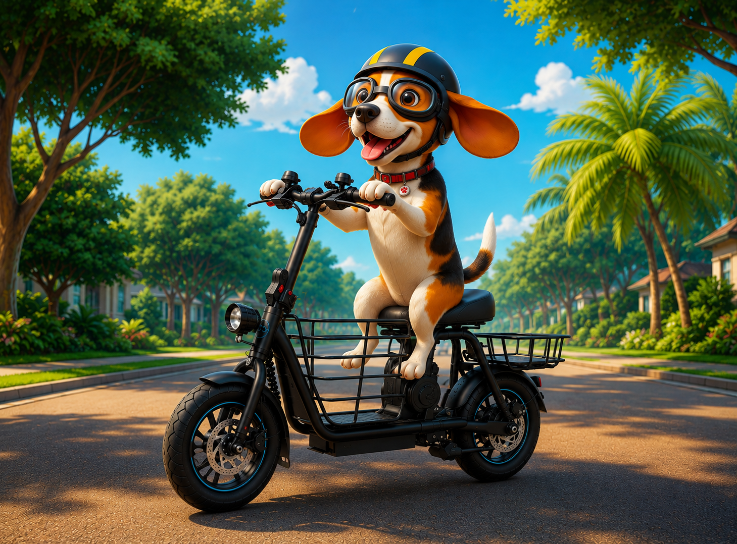 Illustrated dog wearing a helmet and goggles on a scooter