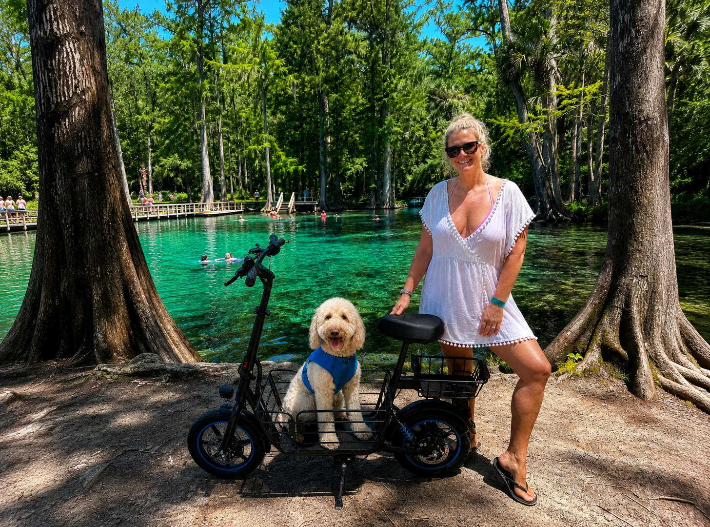 Katie exploring the springs with her dog