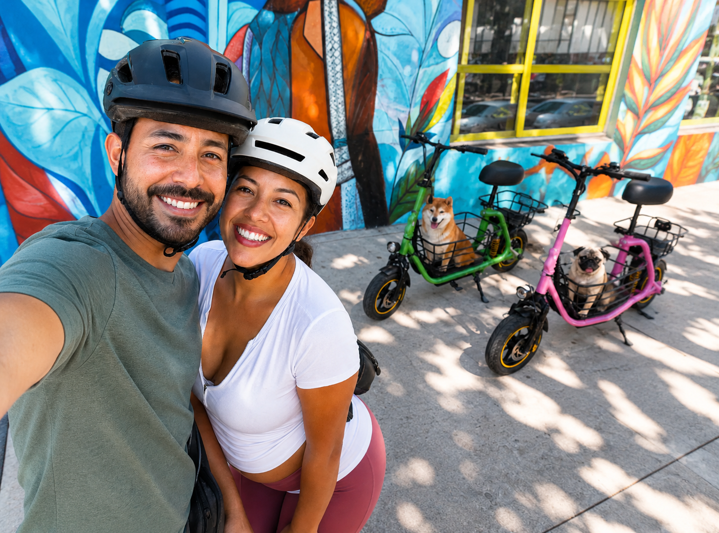 Mike and Elena enjoying a ride with their dogs