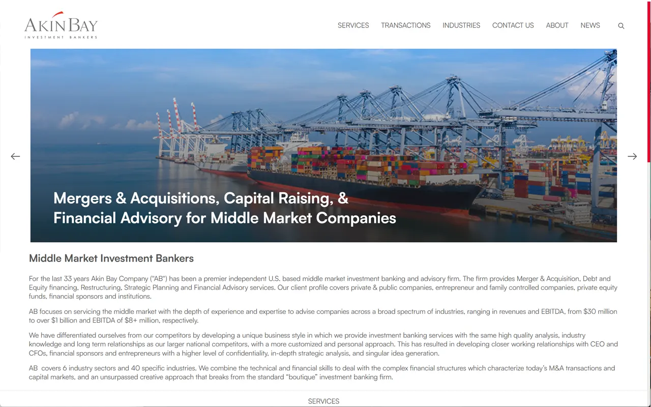 Website screenshot for Akin Bay Company, an Imagativ Investment Bank Advisory client
