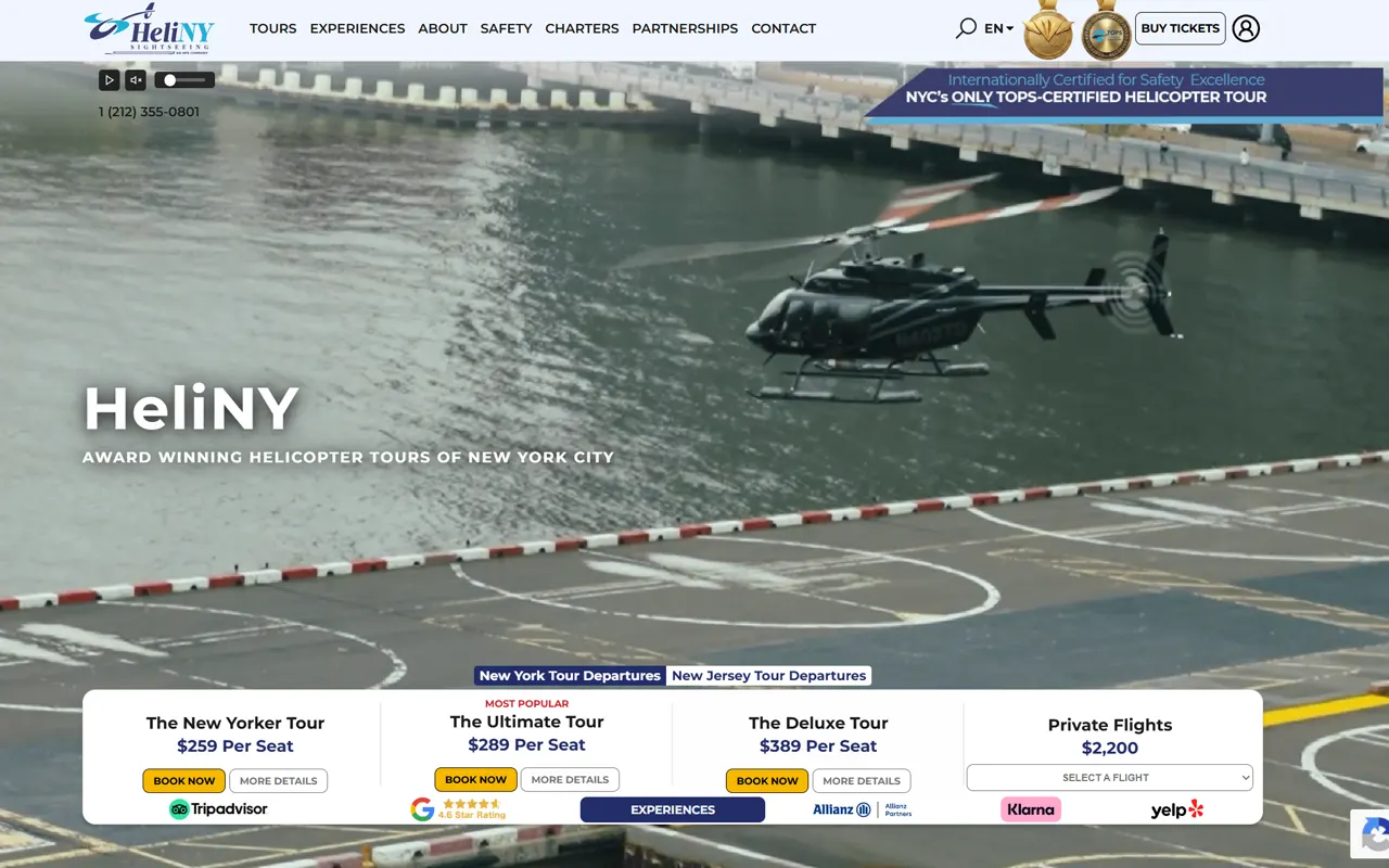 HeliNY Sightseeing helicopter tour booking website, one of three properties built for Imagativ client Helicopter Flight Services (Transportation and Tourism)