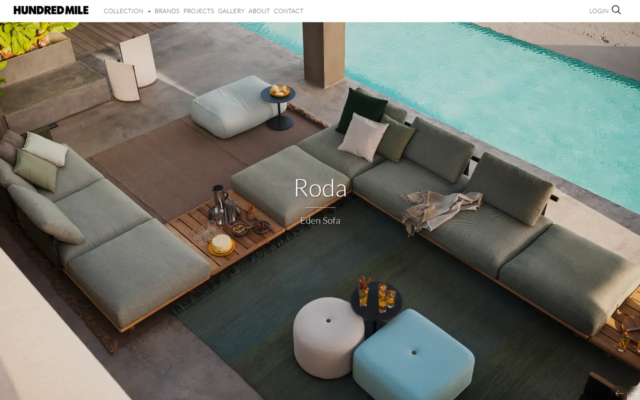 Hundred Mile Outdoor furniture collection page featuring the Roda Eden Sofa, built for Imagativ client Hundred Mile Outdoor