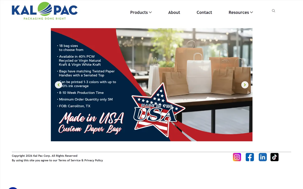 Website screenshot for Kal Pac Corp, an Imagativ Distribution - Packaging client