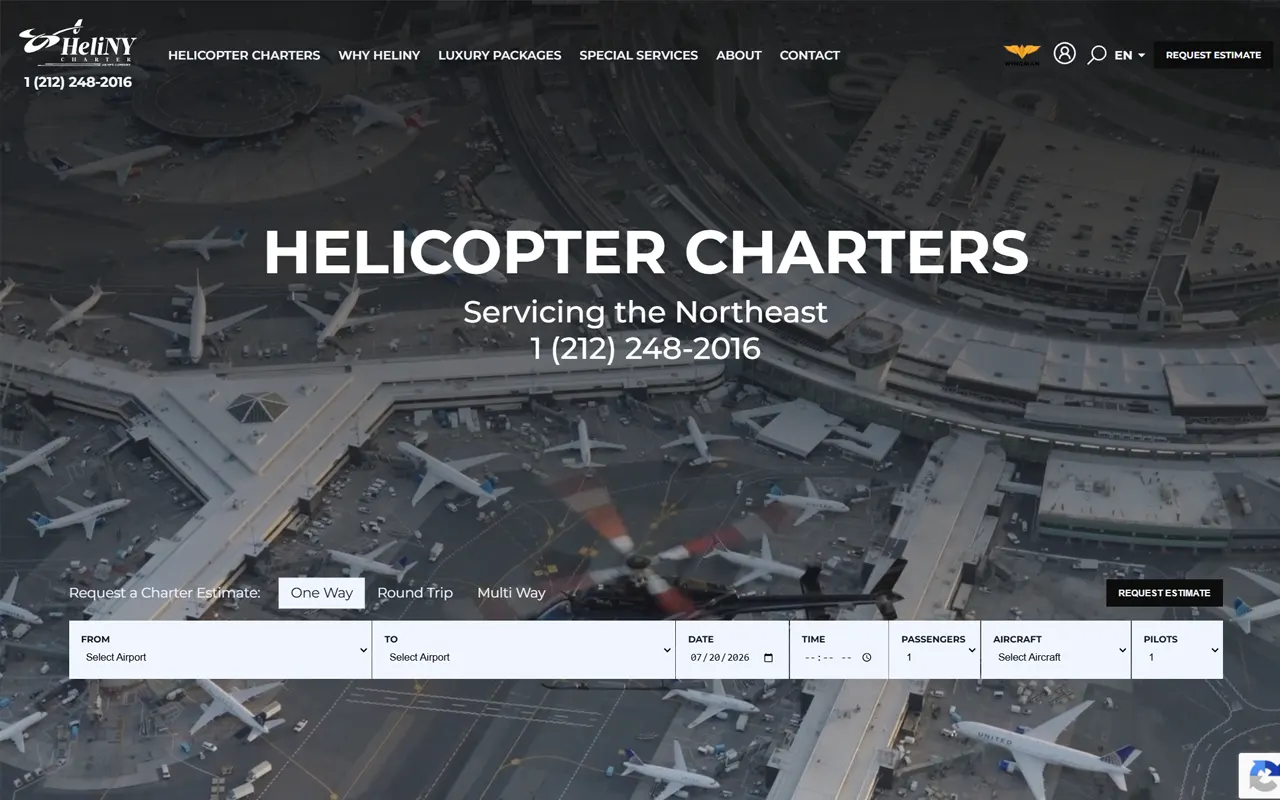 HeliNY Charter helicopter charter booking website, built for Imagativ client Helicopter Flight Services
