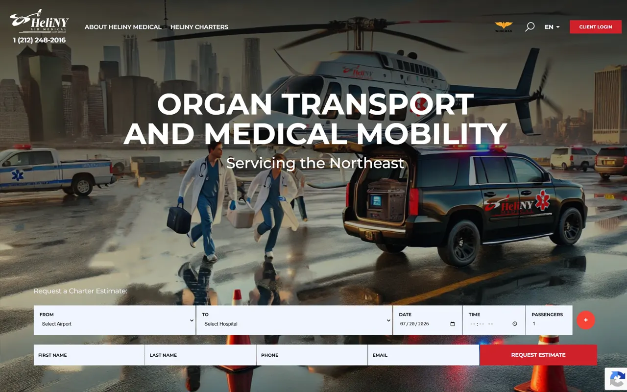 HeliNY Air Medical organ transport and medical mobility website, built for Imagativ client Helicopter Flight Services