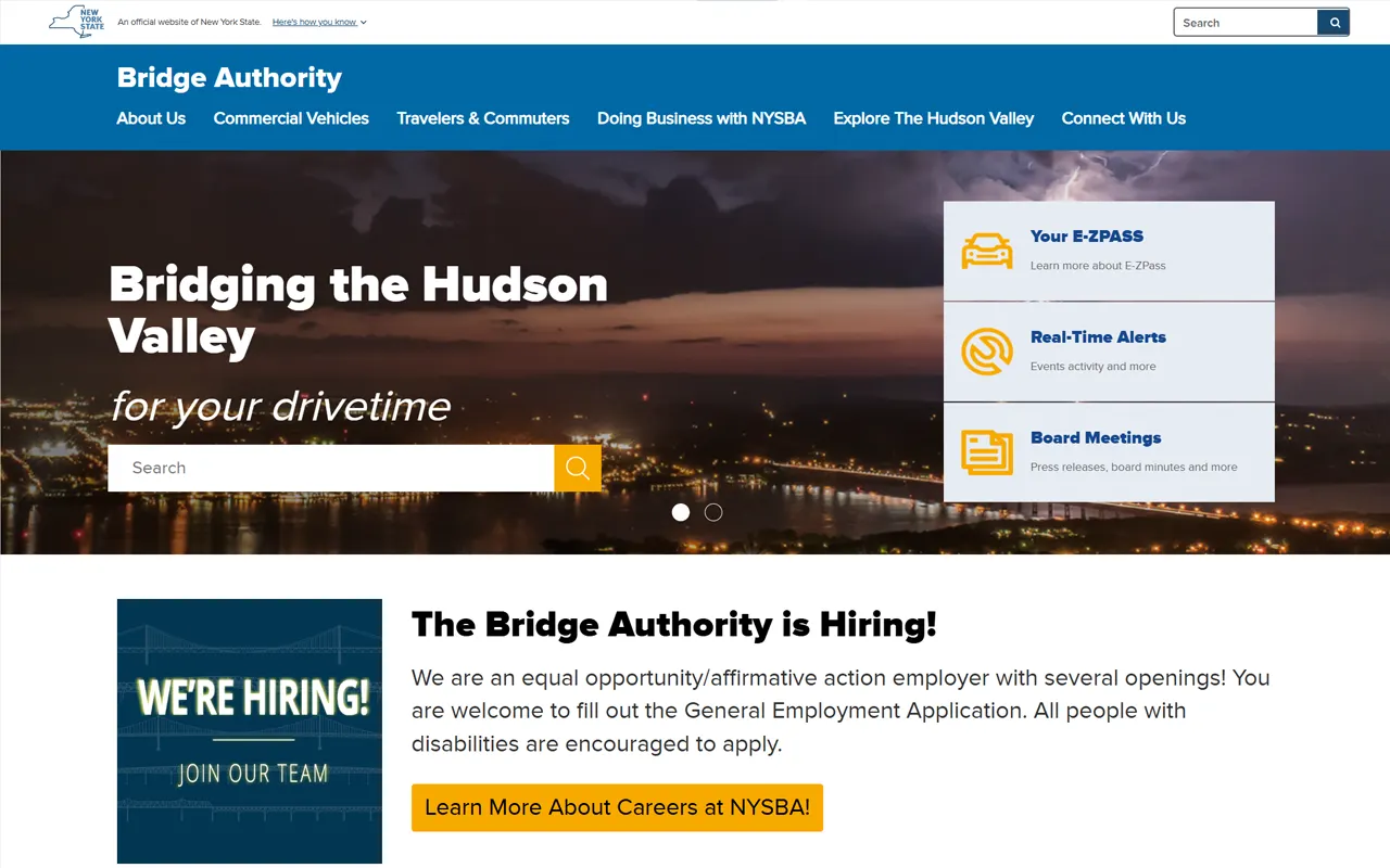 Website screenshot for New York State Bridge Authority, an Imagativ state agency client