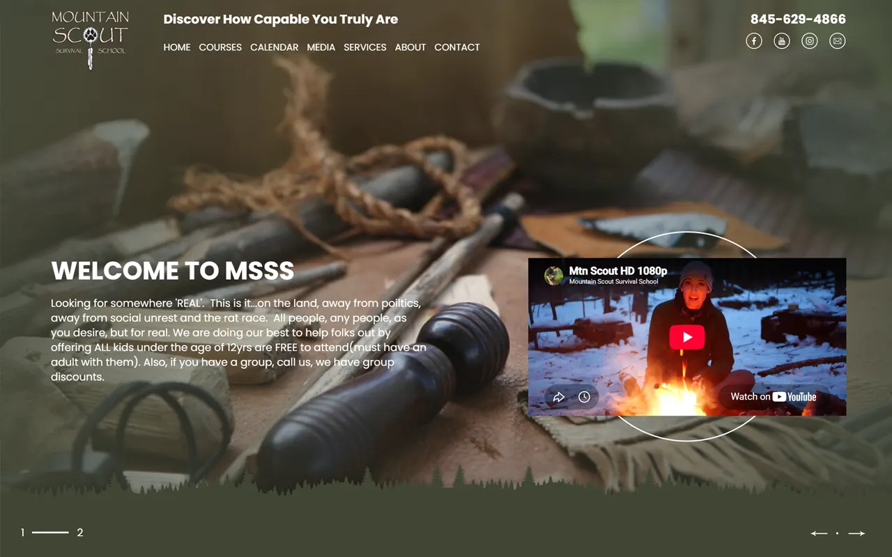 Website screenshot for Mountain Scout Survival School, an Imagativ Education client