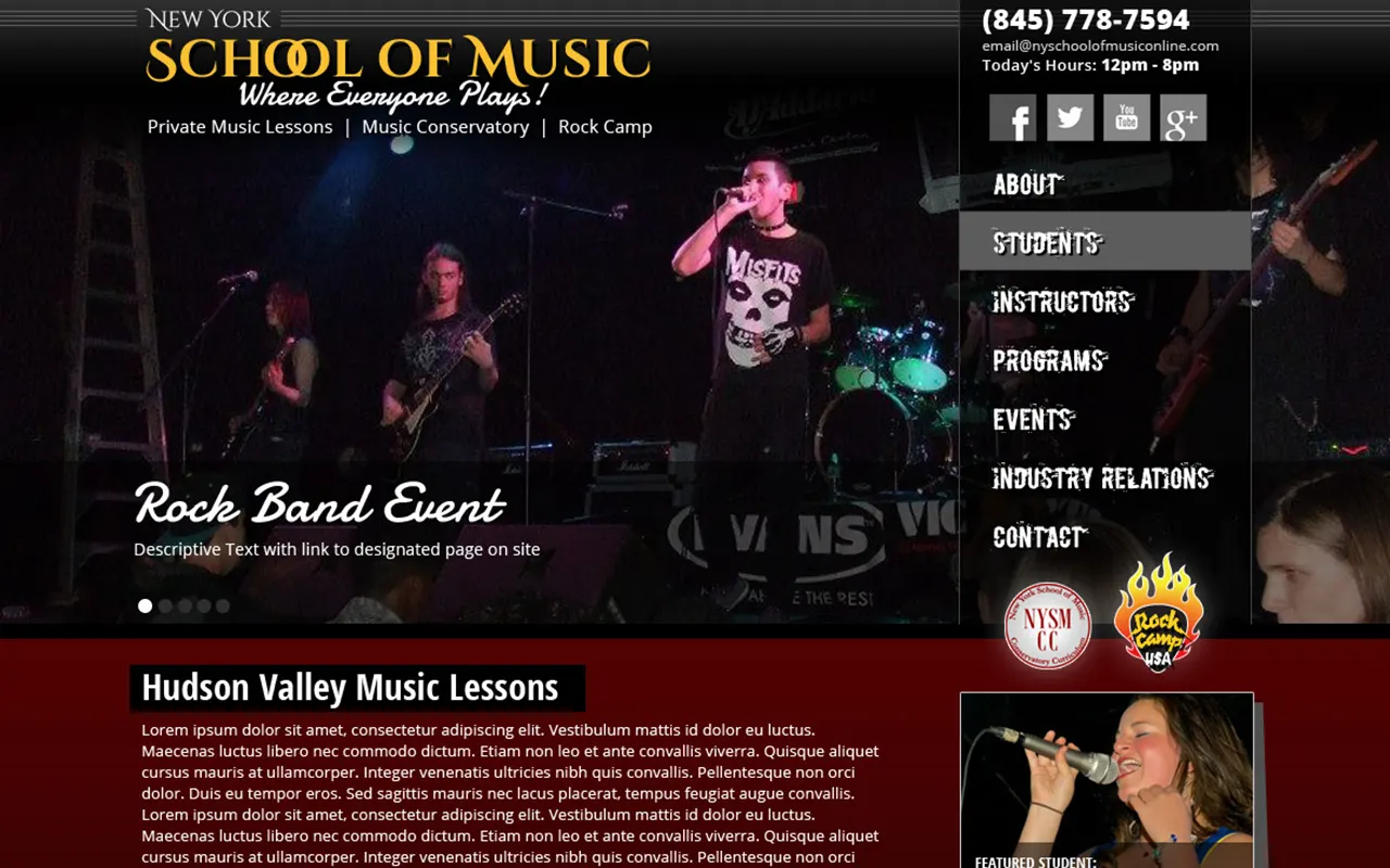 Website screenshot for New York School of Music, an Imagativ Education client