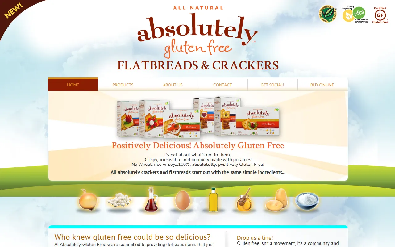 Absolutely Gluten Free flatbread and crackers brand website, built for Imagativ client Royal Wine Corp