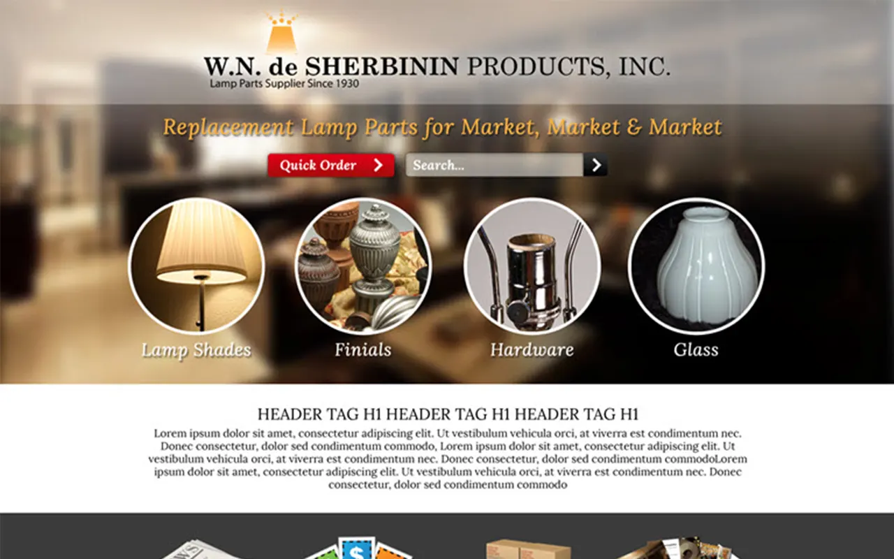 Website screenshot for WN De Sherbinin Products, an Imagativ Distribution - Lighting Parts client