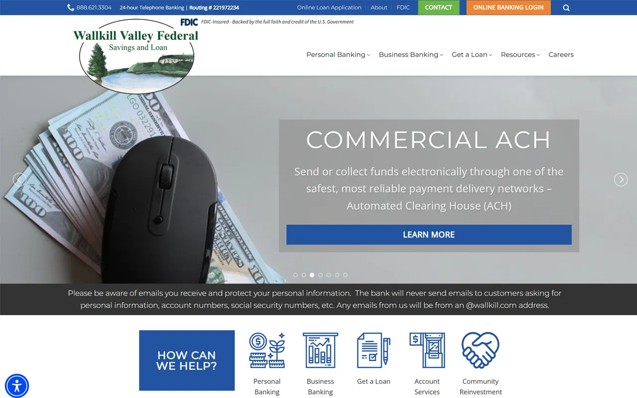 Website screenshot for Wallkill Valley Federal Savings Bank, an Imagativ Retail - Commercial Banking client