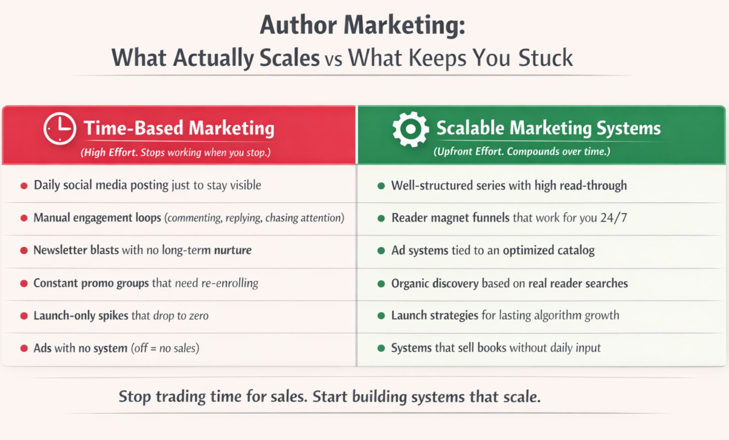 image comparing What Actually Scales vs What Keeps You Stuck in author book marketing by author coach Rebecca Hamilton image comparing What Actually Scales vs What Keeps You Stuck in author book marketing by author coach Rebecca Hamilton